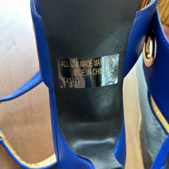 EY Boutique Strappy Blue Sandal Gold Grommets and Trim Size 11W - Picture 7 of 11